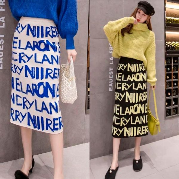 

skirts 2021 korean fashion knitted skirt female spring autumn and winter warmth alphabet straight long for women, Black
