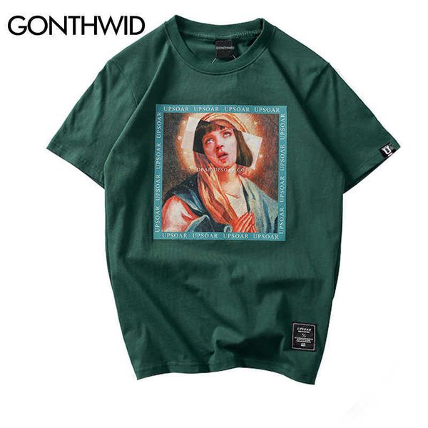 GONTHWID Virgin Mary T-shirt da uomo T-shirt a maniche corte stampate divertenti Estate Hip Hop Casual Top in cotone Tees Streetwear 210629