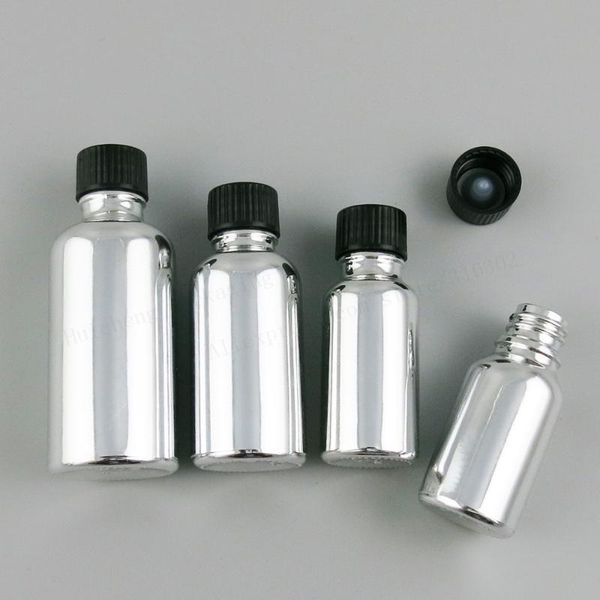 

refillable silver glass vials with black phenolic cone lined caps for essential oils liquids 5ml 10ml 30ml 50ml 100ml 200pcs packing bottles