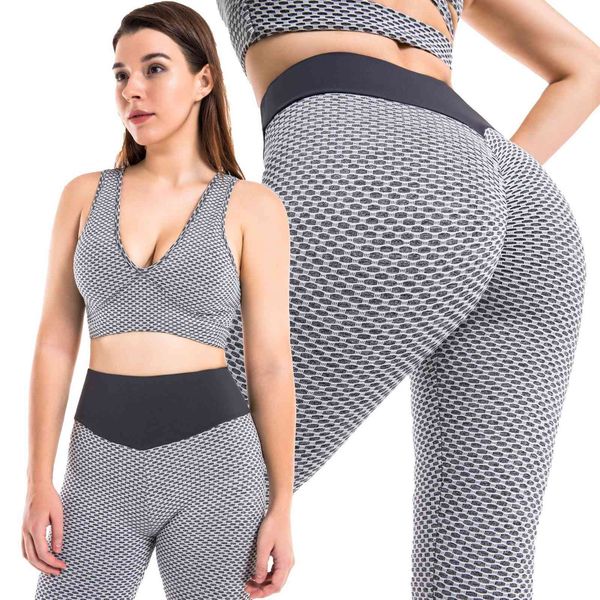

yoga suit honeycomb jacquard bubble fitns pineapple bra peach hip fitns suit, Black;white