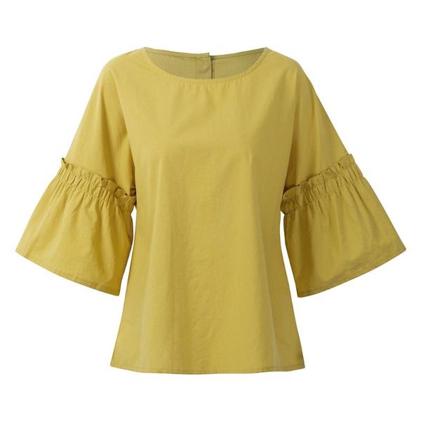 

easehut vintage women cotton linen blouse o-neck half flare sleeve tunic streetwear elegant ruffle plus size summer shirts women's blo, White