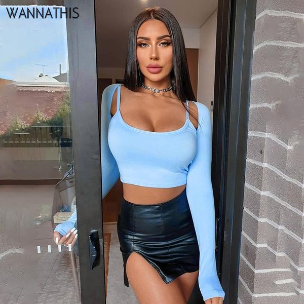 

women's t-shirt wannathis t-shirts long sleeve slim bodycon two-piece women and camisole autumn fashion casual streetwear, White