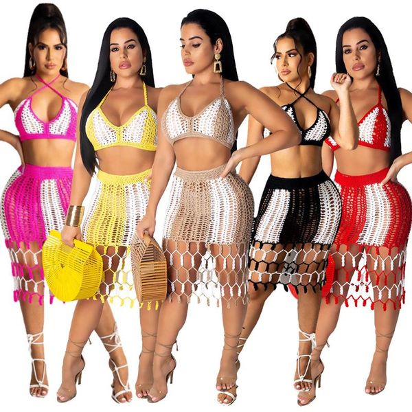 

women's swimwear fashion color matching woven beach skirt two-piece set, White;black