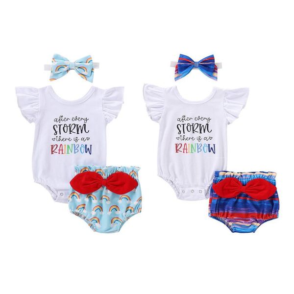 

clothing sets born baby boys girls fashion 3-piece outfit set sleeve letter print romper+rainbow high waist shorts+headband, White