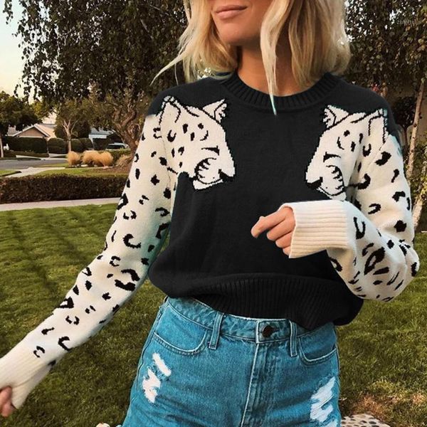 

women's sweaters autumn winter sweater women animal print patchwork o-neck long sleeve loose female pullovers sueter mujer suÃ©teres, White;black