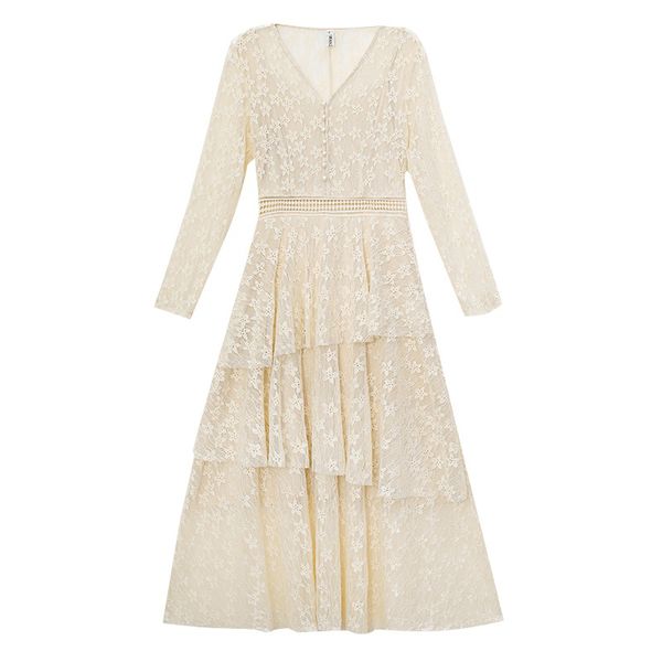 

women black apricot lace floral long sleeve v-neck empire button cascading ruffle midi elegant dress d2625 210514, Black;gray