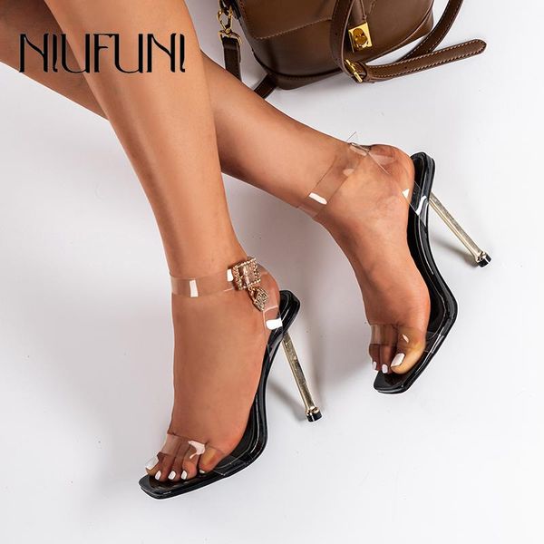

sandals summer pvc transparent rhinestone lock ankle strap women open toe stiletto high heels wedding females shoes, Black