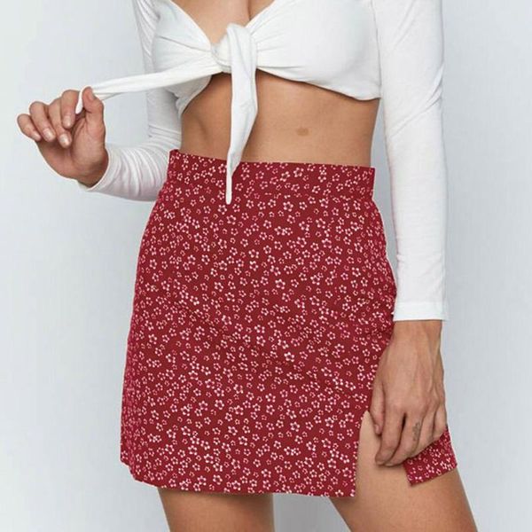 

skirts women summer casual print high waist sweet a-line skirt slitting slimming short mini lace-up zipper mujer falda, Black