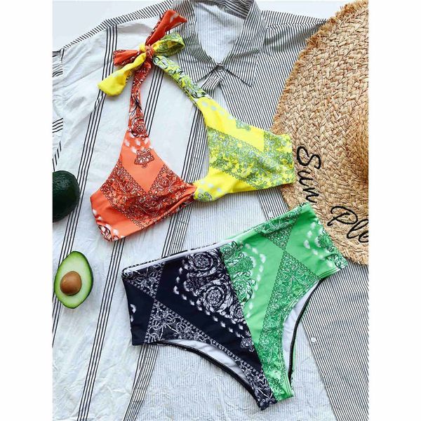 

printed splicing female swimsuit high waist bikini women swimwear two-pieces bikini set halter bather bathing suit swim k2767