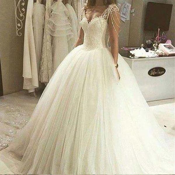 

gorgeous ball gown wedding dresses bateau neckline beading crystals lace applique sleeveless floor length custom made plus size chapel vesti, White
