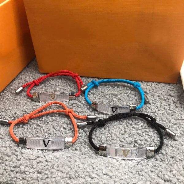 

europe america fashion style men lady women colorfully nylon rope pull-out inclusion bracelet with enamel v initials resin charm m69455, Golden;silver