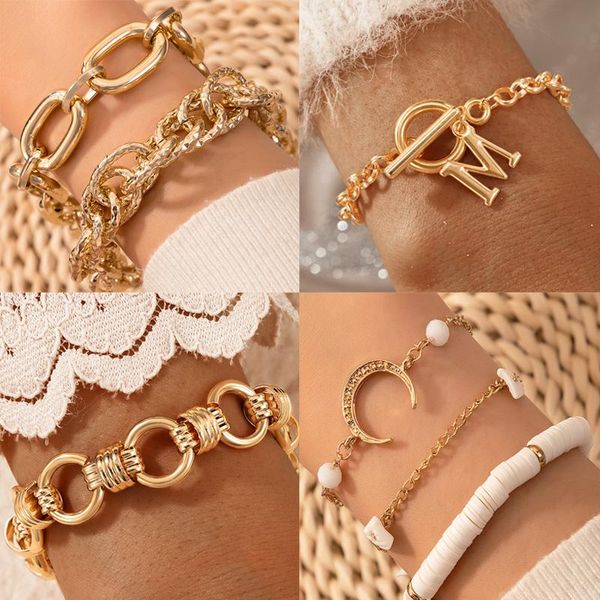 

beaded, strands ladies bracelet multi-piece set, hip hop simple metal thick chain personality geometric exaggerated fashion jewelry, Black