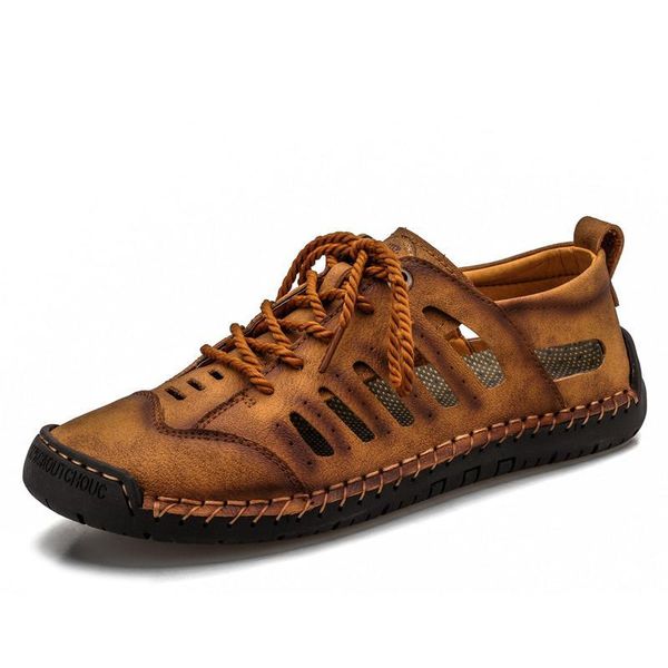 

sandals big size men leather beach outdoor 2021 summer handmade shoes breathable casual footwear walking, Black
