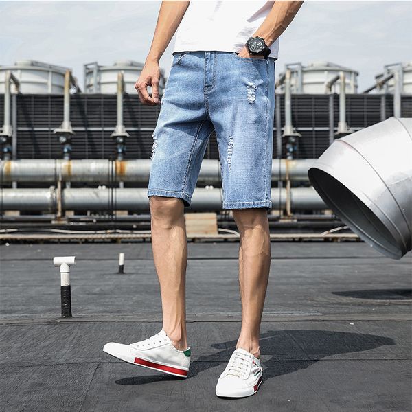 

mens denim shorts summer thin section trend loose five points korean version of the pants hole straight casual pants, Blue