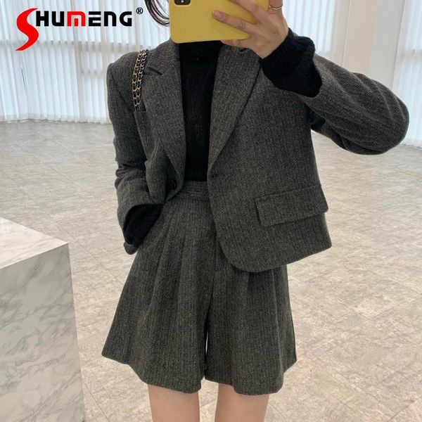 

women's tracksuits korean chic retro brown lapels loose herringbone woolen coat elegant high waist wide-leg casual pants shorts suit fo, Gray