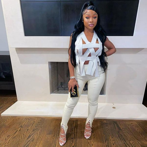 

women's blouses & shirts hirigin hollow out backless crop women 2021 solid streetwear skinny party clubwear sleeveless slim female, White