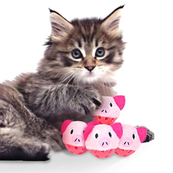 

cat toys 3pcs frog pig shape plush bell hollow out round ball kitten interactive toy pig/frog built-in