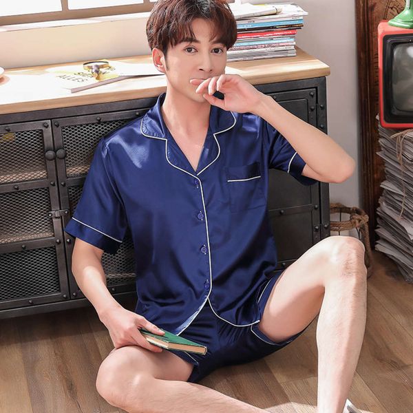 

satine summer herf men silk casual pyjamas sets male short mouths sitting boys night clothes homewear, Black;brown