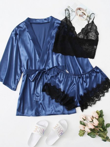

3pack plus contrast lace satin lingerie set & robe g7sc#, Black;white