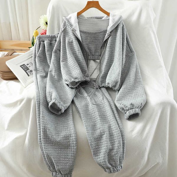 

3 piece wool knitted + wide-leg pants +sling sport women joggers with hooded jacket crop jumpers 210531, White