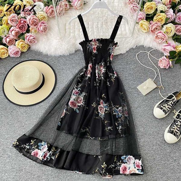 

zqlz summer dres elegant robes chiffon sundresses sleeveless casual vintage print streetwear dresses female 210608, Black;gray