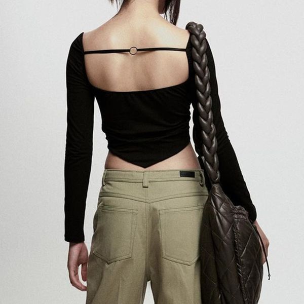 

Cyber Y2k Sexy Crop Top Women Black Square Neck Backless Long Sleeve T-shirts Fairy Grunge Clothes N33-BZ13, White