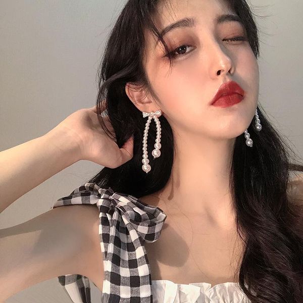 

hoop & huggie long pearl pec-deck machine 2021 trendy korean graceful online influencer high-grade earrings for women, Golden;silver