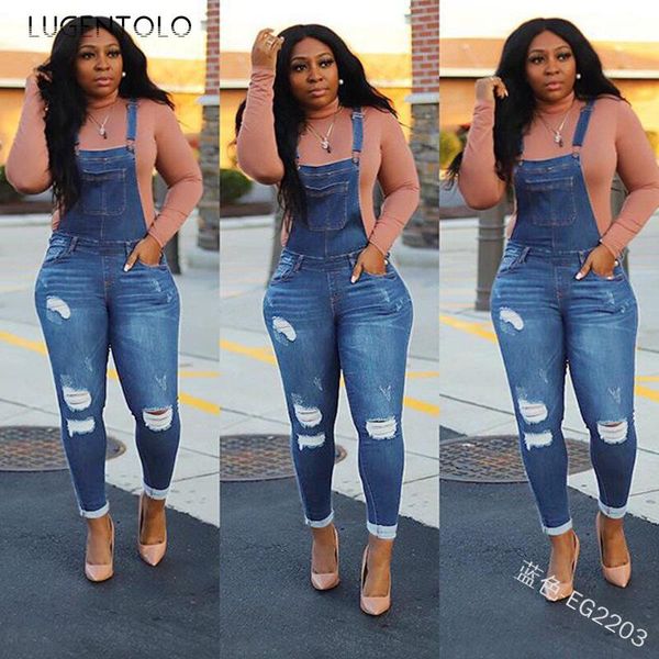 

lugentolo women overall jeans holes skinny ripped denim ankle-length fashion pocket strap casual crimping lady pencil women's, Blue