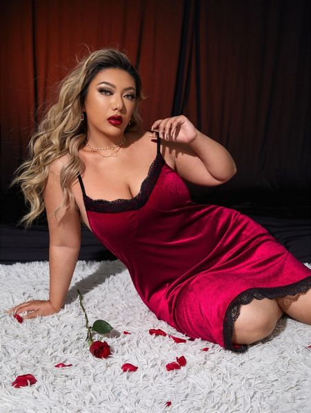 

plus contrast lace trim split hem velvet cami nightdress b6iz#, Black;white