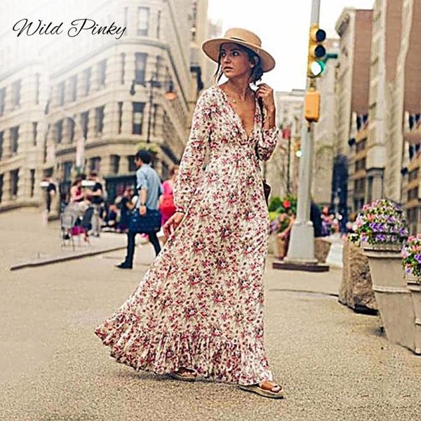 

casual dresses wildpinky long sleeve floral print dress women beach vintage maxi boho deep v neck ruffles draped vestidos, Black;gray