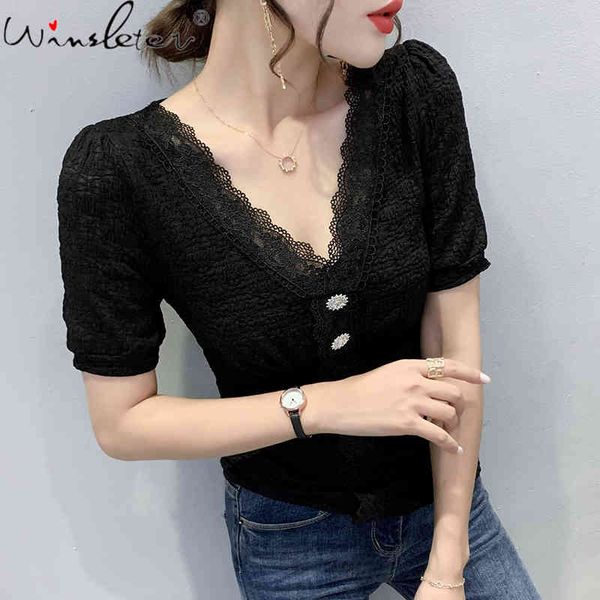 

women's t-shirt summer korean clothes girl fashion v-neck patchwork lace women short sleeve casual tees all match t14206, White