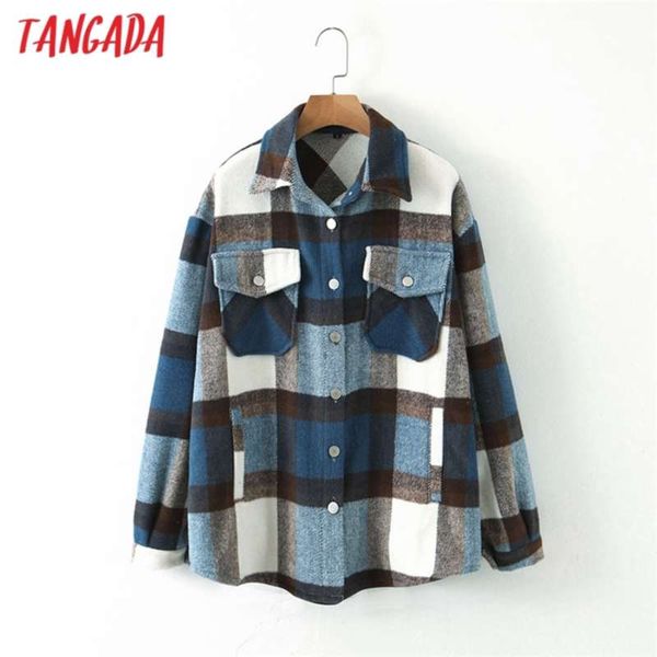 

tangada autumn winter women blue plaid long coat jacket pocket casual warm overcoat fashion outwear qw12 210928, Black;brown