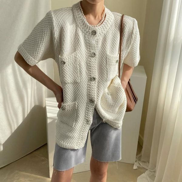 

women's knits & tees spring summer short sleeve knitted cardigans vintage korean fashion 2021 single breasted casual knitting coat loos, White