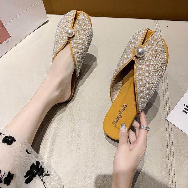 

cover toe shoes flower ladies' slippers slipers women low string bead female mule loafers peep 2021 flat summer mules floral pu, Black