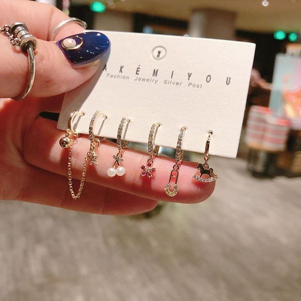 

dangle & chandelier korean style double pierced ears long chain hoop earrings micro-inlaid zircon 6-piece set for women exquisite jewelry, Silver