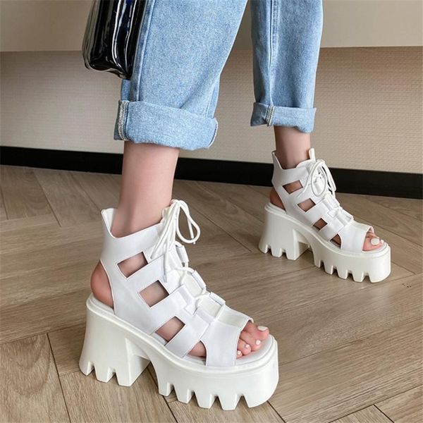

dress shoes pxelena gothic chunky high heels women gladiator sandals 2021 summer lace up hollow out thick sole platform punk rock rome, Black