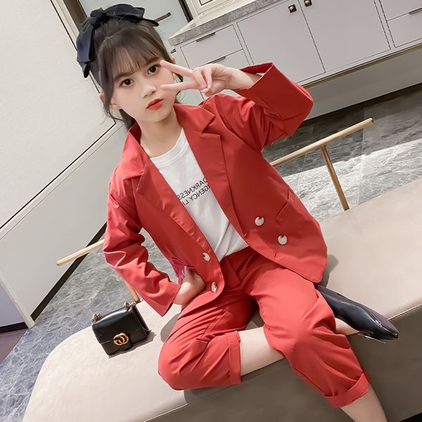 

girls suit set jacket + pants costume for girls solid color tracksuit for girl autumn winter childrens suit set, White