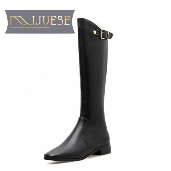 

boots mljuese 2021 women knee-high cow leather winter zippers short plush square toe high heels female, Black