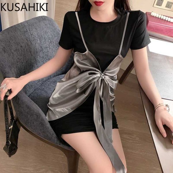 

kusahiki summer women dress bowknot tie patchwork korean sweet vestidos femme short sleeve o-neck slim dresses 6f593 210602, Black;gray