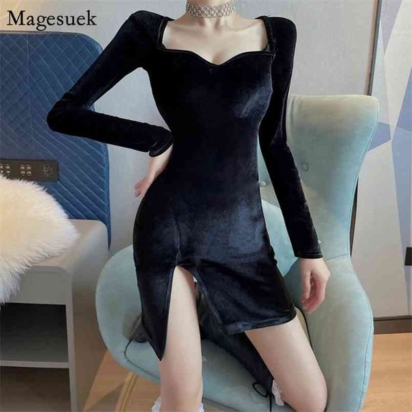

spring long sleeve velvet dress women split bodycon black short party square collar casual ladies es femme robe 13177 210512, Black;gray