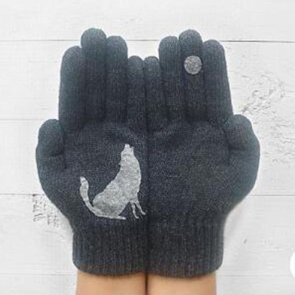 

five fingers gloves women' knitted winter fashion cashmere ladies autumn warm thick touch screen dog printing, Blue;gray