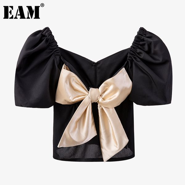

[eam] women contrast color bow pleated blouse square neck puff short sleeve loose shirt fashion spring summer 1dd8521 210512, White
