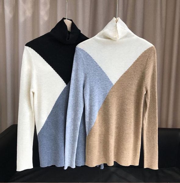 

sweater contrasting color wool knit women's turtleneck bottom te6a, White;black