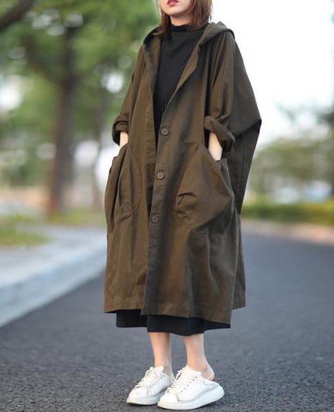 

women's trench coats 21 women autumn spring casual solid color pockets loose hooded female wild long fashion, Tan;black