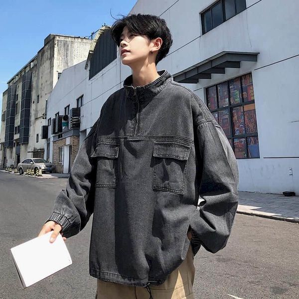 

men's casual shirts shirt male washed jeans hong kong style, jacket with high fashion turtleneck spring/autumn style korean c15n, White;black