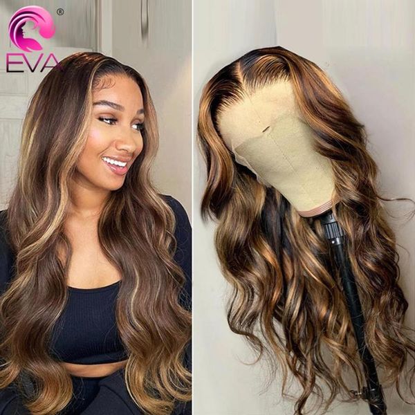 

eva highlight wig brown colored human hair wigs for women ombre body wave lace front highlighted frontal, Black;brown