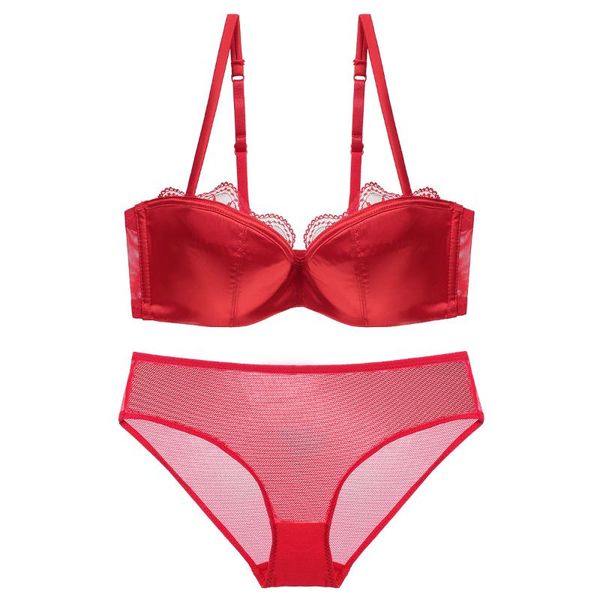 

bras sets women underwear bra set half cup lingerie gloss thin cotton, Red;black