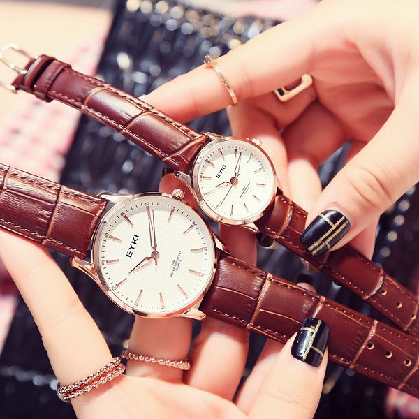

iqi couple eyki simple commuting fashion trend temperament quartz belt men's and women's watch pair, Slivery;brown
