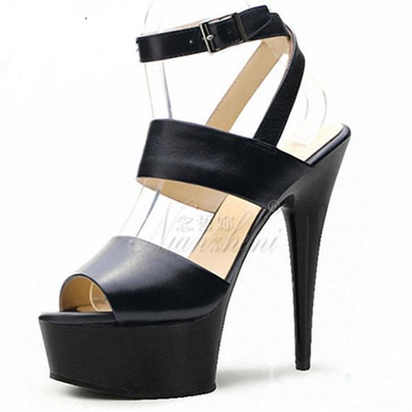 

mclubgirl 13cm heels super fish mouth pu women's sandals 15 cm thin heel buckle model same night high lyp, Black