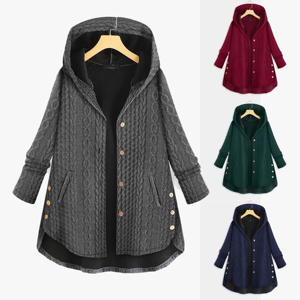 

women's wool & blends women coat plus size long sleeve jackets hooded casual button pockets loose vintage mujer coats female, Black